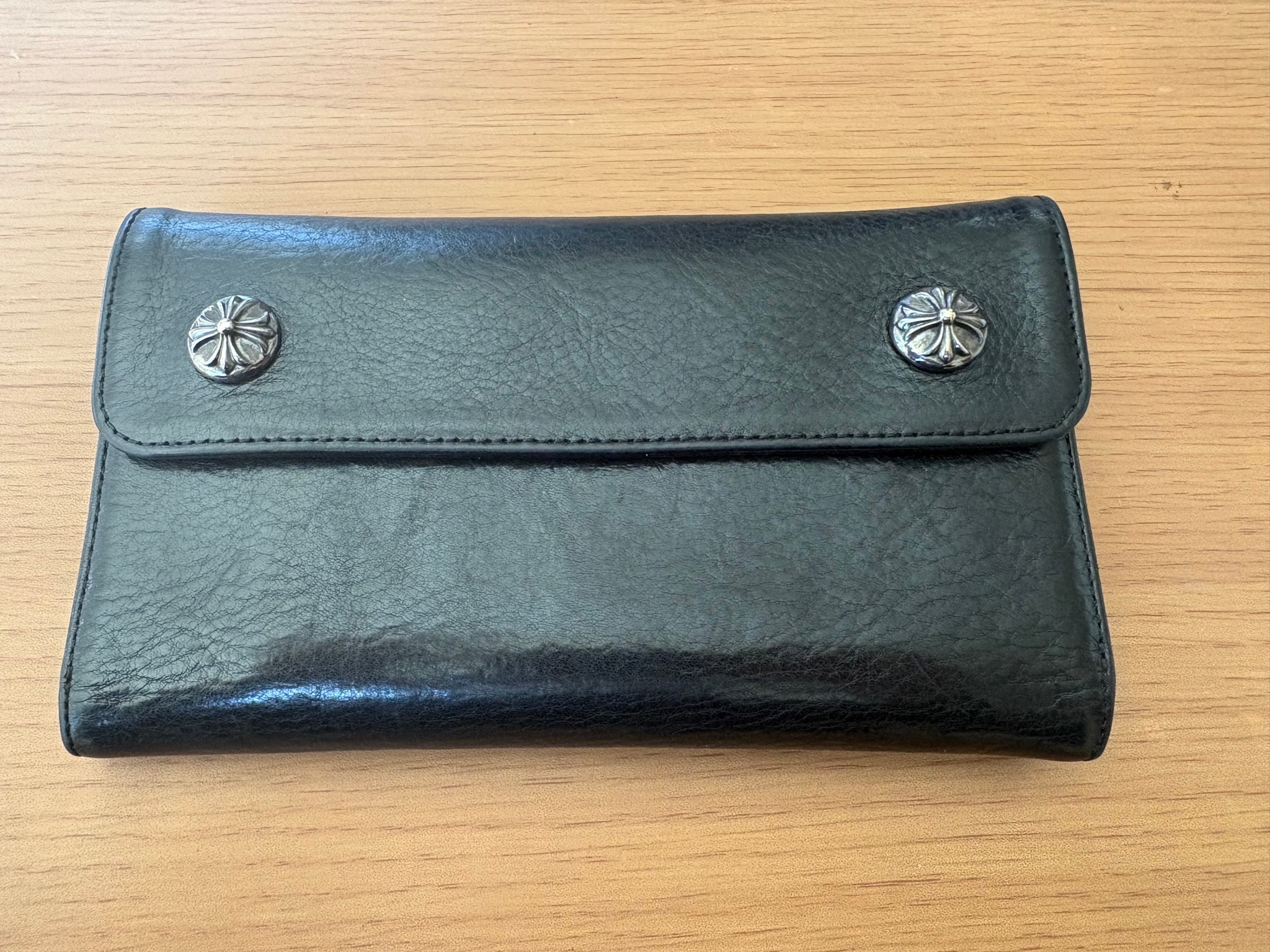 Chrome Hearts Wave Cross Ball Button Leather Wallet "Black/Silver"