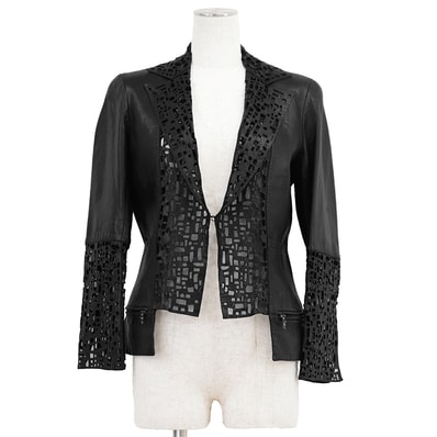 【美品】CHANEL シャネル レザージャケット パンチング P41109 サイズ 40 レディース 2011年製 ラムスキン シアー カットワーク ノーカラー アウター ブラック 黒 フランス製 カール・ラガーフェルド