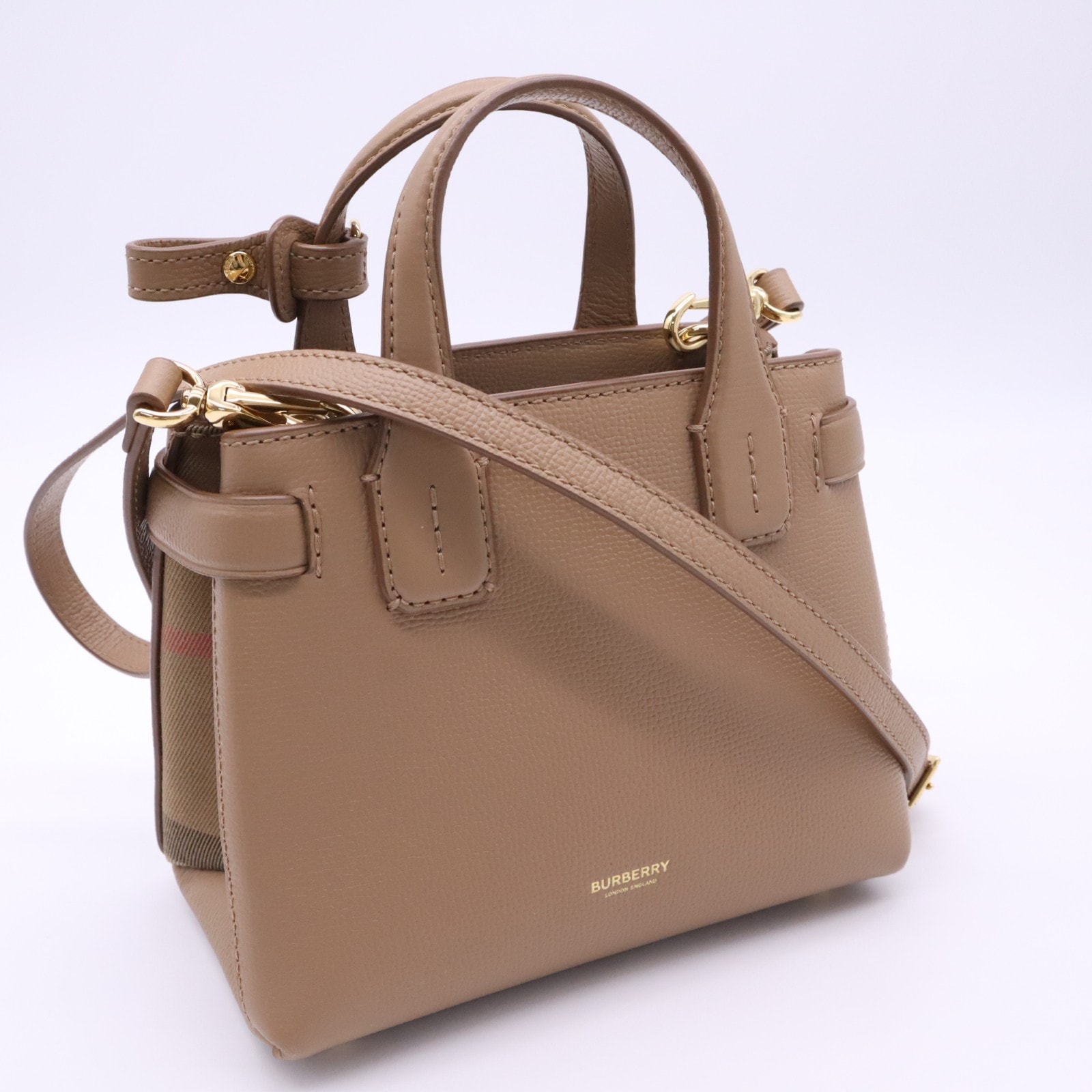 美品 BURBERRY バーバリー カーフレザー ベビー バナー ハウスチェック 8067051 2wayショルダーバッグ ベージュ レザー レディース