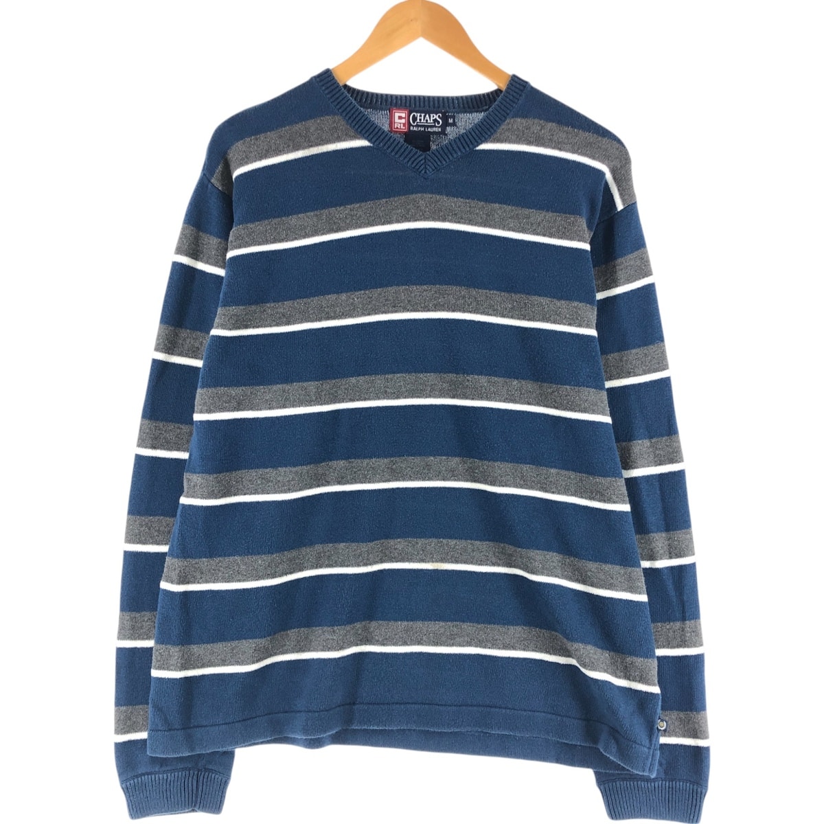 古着 90年代 ラルフローレン Ralph Lauren CHAPS チャップス マルチボーダー Vネック コットンニットセーター メンズM相当 ヴィンテージ/eaa468817