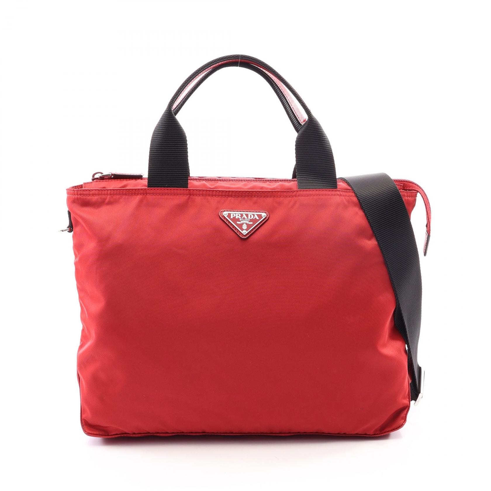 プラダ PRADA トライアングルロゴ 2WAY トートバッグ バッグ ナイロン サフィアーノレザー レディース レッド系 / ブラック系 【中古】