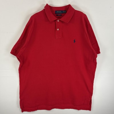 古着 ポロ・ラルフローレン POLO RALPH LAUREN 鹿の子 半袖 ポロシャツ ワンポインロゴ 刺繍 2ボタン 大きいサイズ XL レッド 無地 メンズ