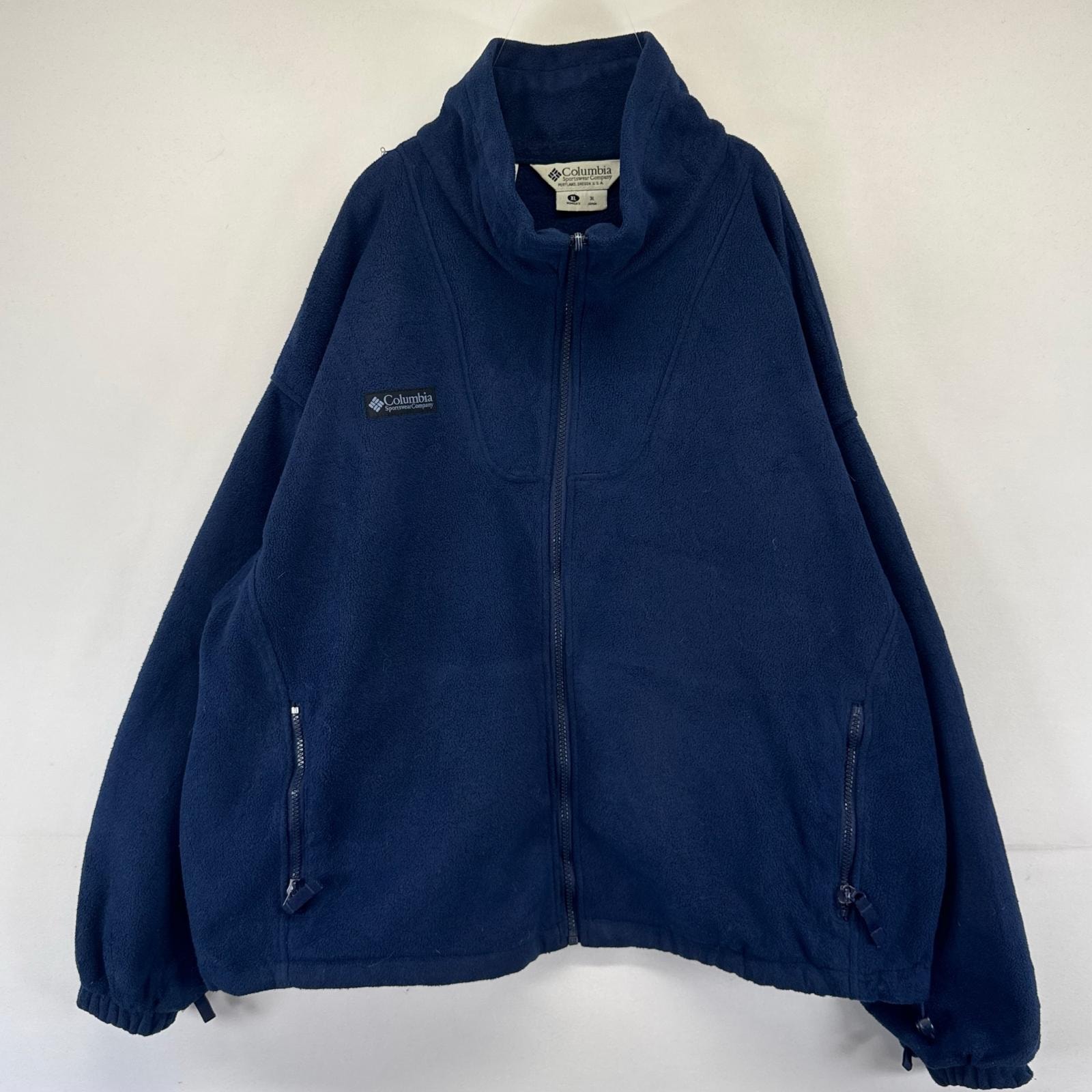 古着 コロンビア Columbia ジャケット フルジップ フリース ワンポイントロゴ 裾ドローコード 大きいサイズ XL  ネイビー系 メンズ