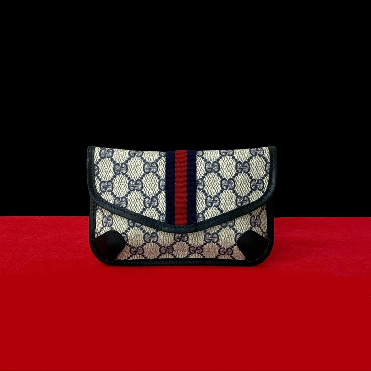 GUCCI グッチ シェリーライン レザー PVC ポーチ ネイビー
 50242