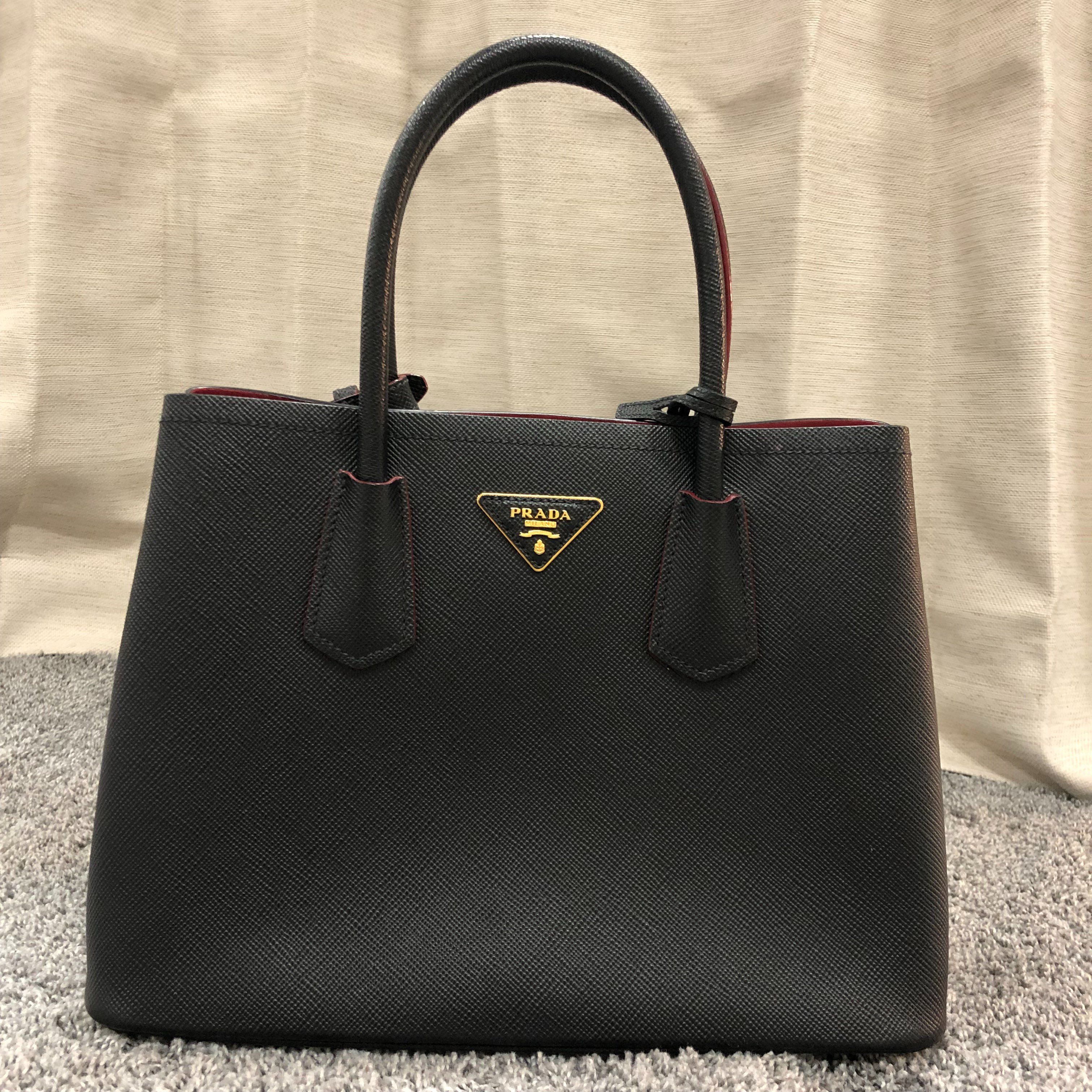 PRADA Medium Saffiano Leather Double Prada Bag "Black/Red"