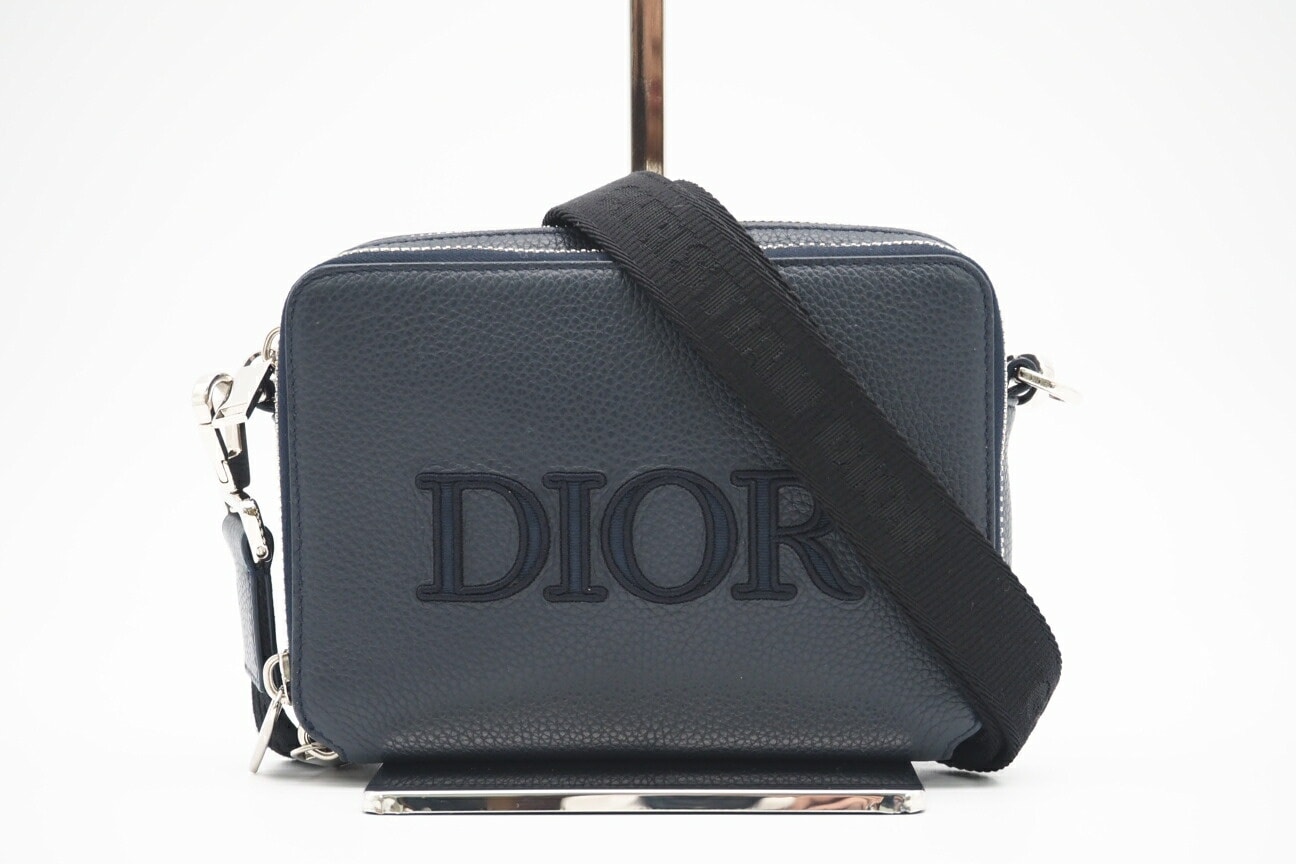 美品 Dior ディオール グレインドカーフスキン ロゴ刺繍 メッセンジャーバッグ ショルダーバッグ ネイビー レザー メンズ