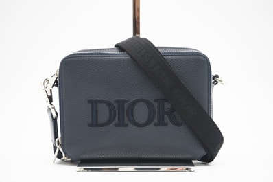 美品 Dior ディオール グレインドカーフスキン ロゴ刺繍 メッセンジャーバッグ ショルダーバッグ ネイビー レザー メンズ