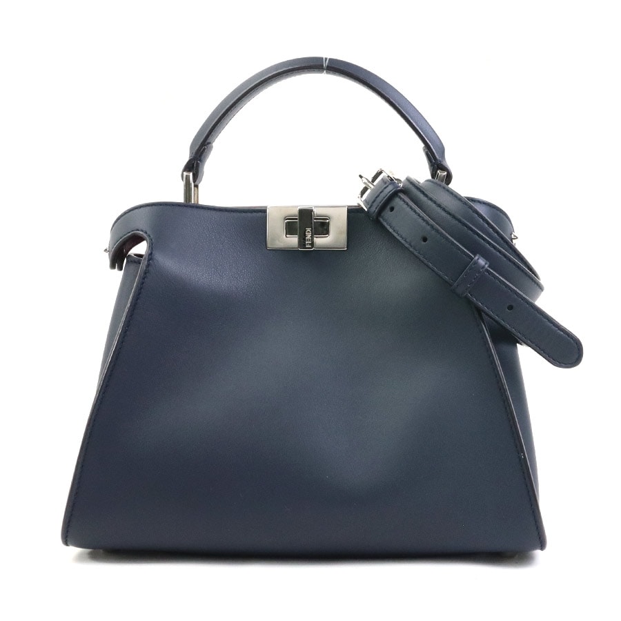 フェンディ FENDI ハンドバッグ ショルダーバッグ ピーカブー エッセンシャリー レザー ネイビー シルバー レディース 8BN302-9FJ【中古】 e62461a