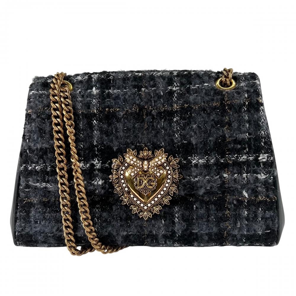 DOLCE&GABBANA ドルチェアンドガッバーナ ショルダーバッグ ディヴォーション チェーンショルダー ツイード  ラムスキン   ブラック 黒 ゴールド金具 レディース【中古品】
