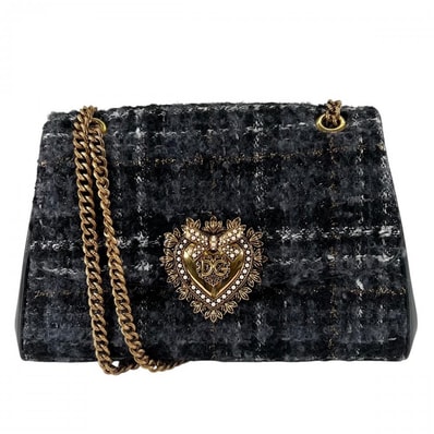 DOLCE&GABBANA ドルチェアンドガッバーナ ショルダーバッグ ディヴォーション チェーンショルダー ツイード ラムスキン ブラック 黒 ゴールド金具 レディース【中古品】