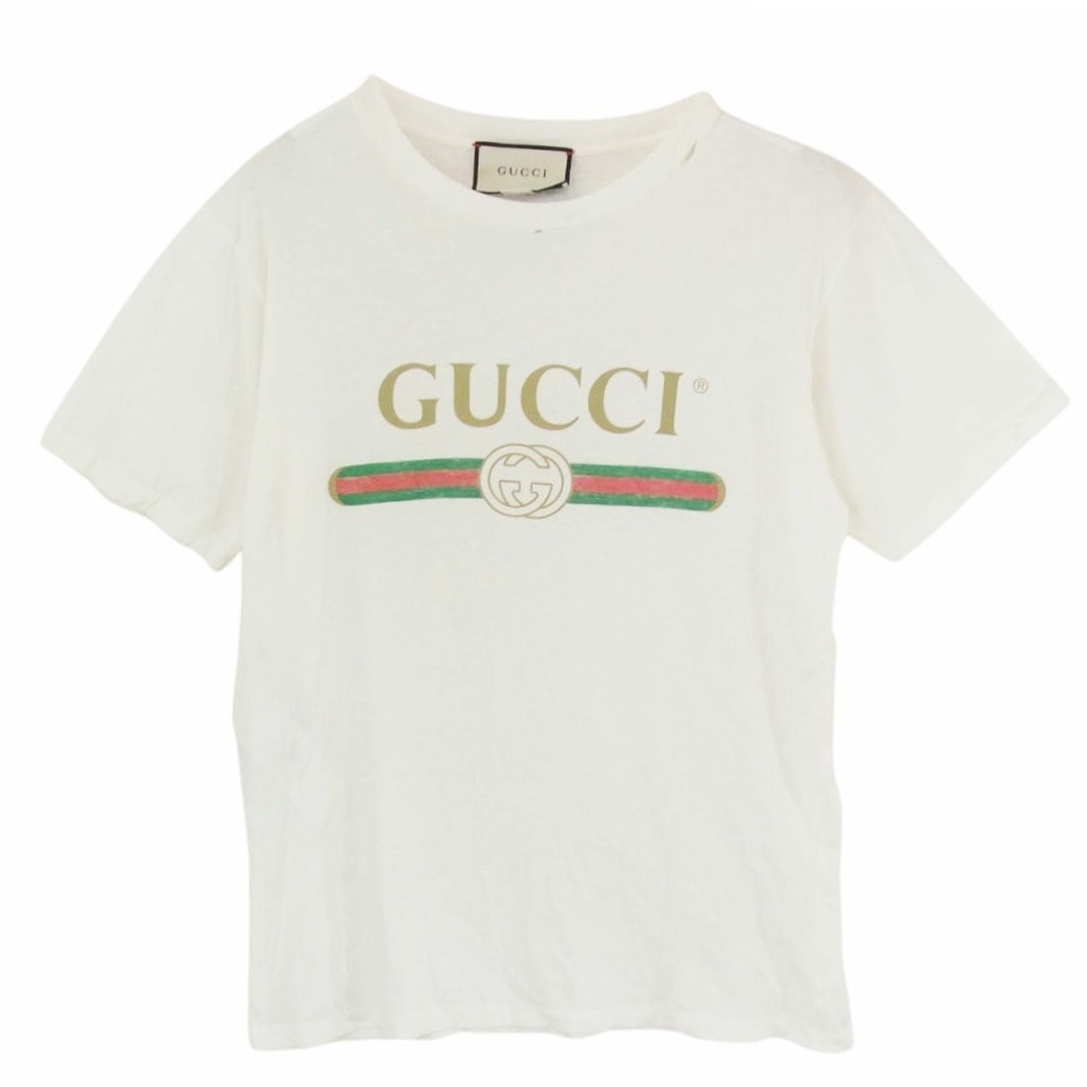 GUCCI グッチ Tシャツ 457095 X5L89 ヴィンテージロゴ フラワー刺繍 ダメージ加工 半袖 Tシャツ ホワイト系 XS【中古】