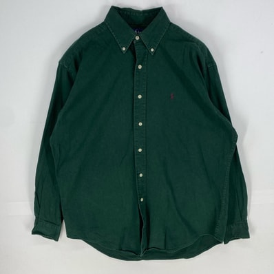 古着 ラルフローレン RALPH LAUREN 長袖シャツ ワンポイント オックスフォード ボタンダウン M グリーン系 メンズ