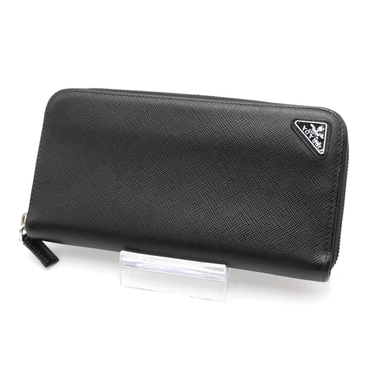 PRADA(プラダ)サフィアーノ トライアングル ラウンドファスナー長財布 ブラック レザー シルバー金具 2ML317 メンズ【中古】