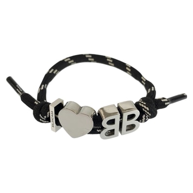 美品 BALENCIAGA バレンシアガ I Love BB ブラック シルバー 真鍮 ポリエステル/ バングル ブレスレット 604544 【中古】