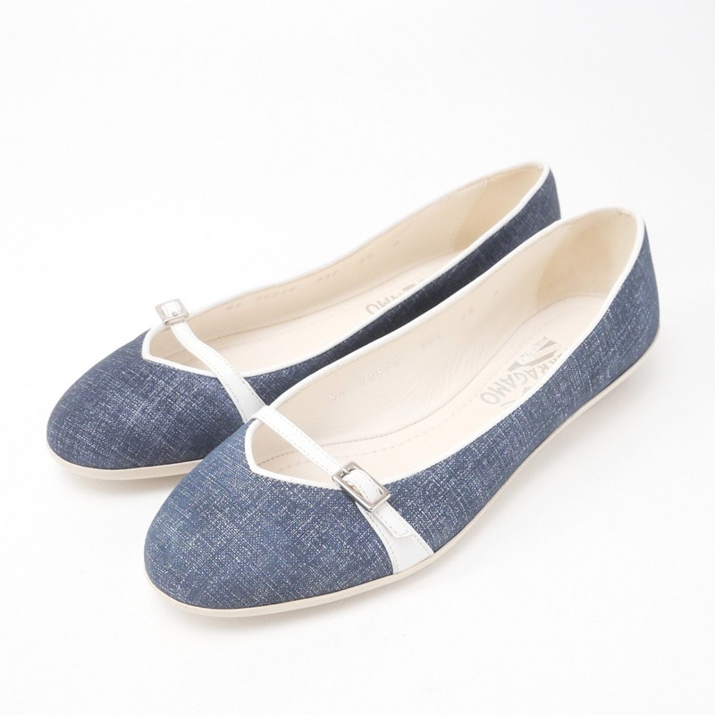 ■美品■Salvatore Ferragamo サルヴァトーレフェラガモ パンプス サイズ5 1/2D フラットシューズ 靴 デニム イタリア製 ブランド古着【中古】20241216/RA2616