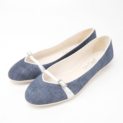 ■美品■Salvatore Ferragamo サルヴァトーレフェラガモ パンプス サイズ5 1/2D フラットシューズ 靴 デニム イタリア製 ブランド古着【中古】20241216/RA2616