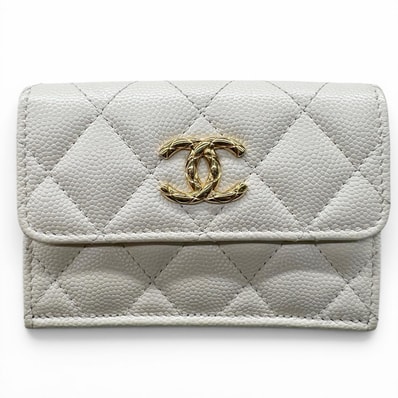 CHANEL 極美品 シャネル マトラッセ クラシック スモール フラップ ウォレット 三つ折り財布 キャビアスキン 新型シリアルシール アイボリー レザー コンパクトウォレット ミニ財布 Aランク 中古 鑑定済 シャネル財布