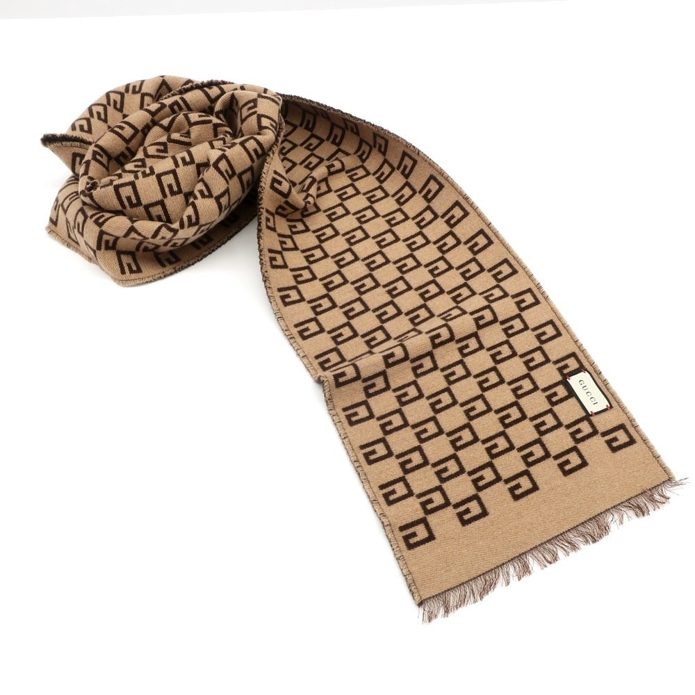 【中古】グッチ GUCCI ウールシルク ダブルフェイス マフラー ブラウンxベージュ【サイズ20×180cm】【メンズ】