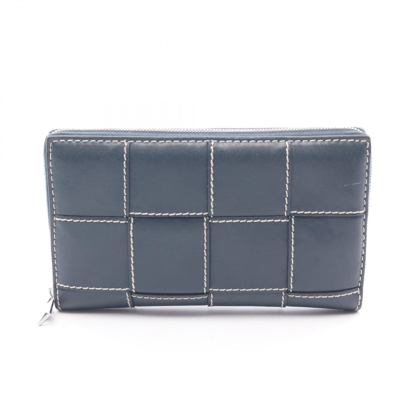 ボッテガヴェネタ BOTTEGA VENETA カセット ステッチ マキシイントレチャート ラウンド長財布 財布 レザー メンズ ネイビー系 【中古】
