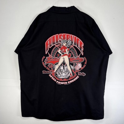 古着 00’s/00年代 ディッキーズ Dickies 半袖シャツ ワーク 大きいサイズ ピットガール モーターカルチャー バイク XL ブラック 両面プリント メンズ