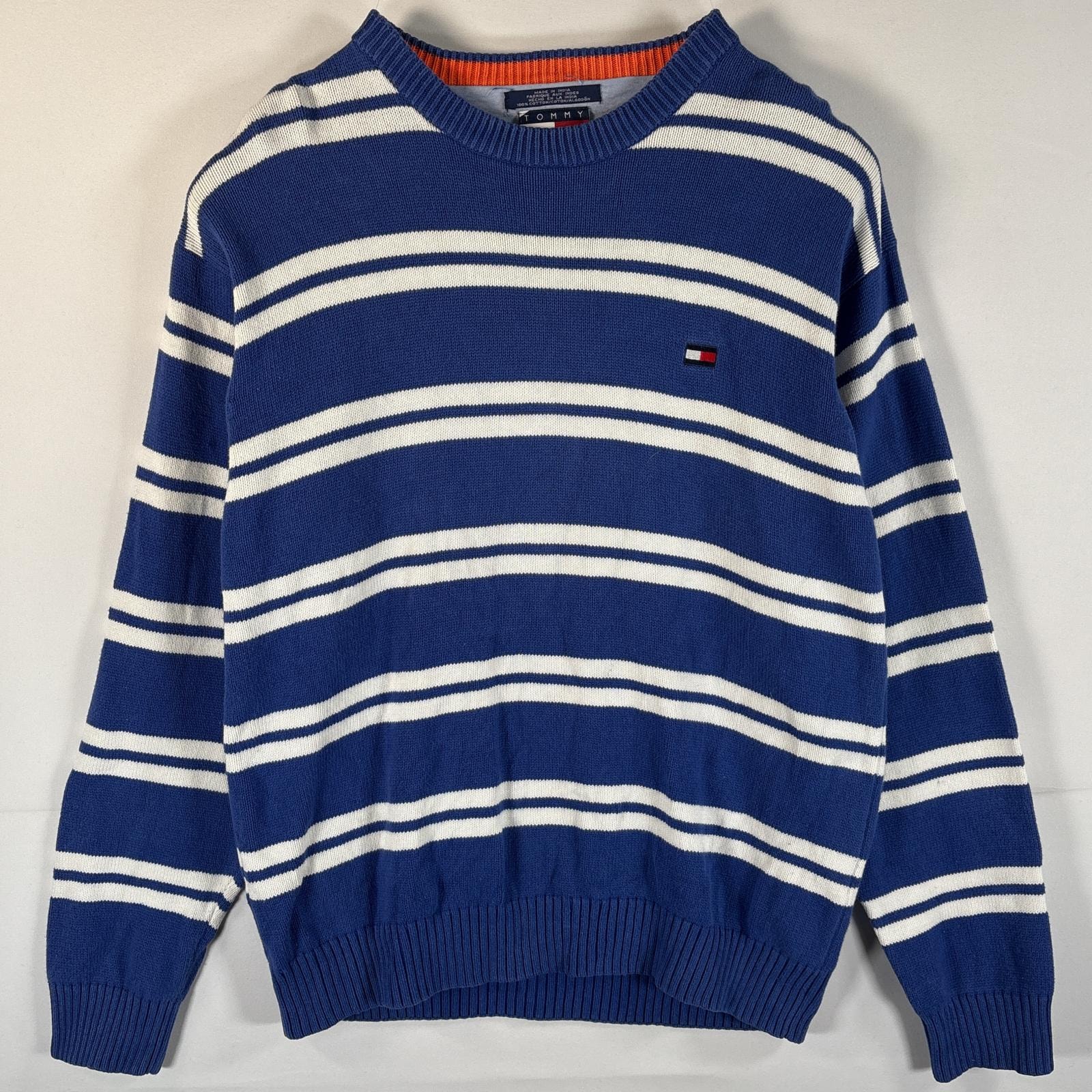 古着 トミーヒルフィガー TOMMY HILFIGER ニット セーター ワンポイントロゴ刺繍 クルーネック L ブルー ボーダー メンズ