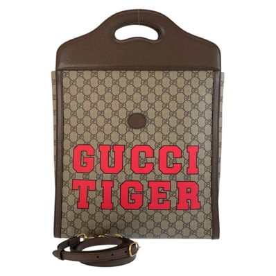 美品 GUCCI グッチ GUCCI TIGER ブラウン ゴールド金具 GGスプリームキャンバス レザー/ トートバッグ ハンドバッグ ビジネスバッグ ショルダーバッグ 2way 506560 【中古】