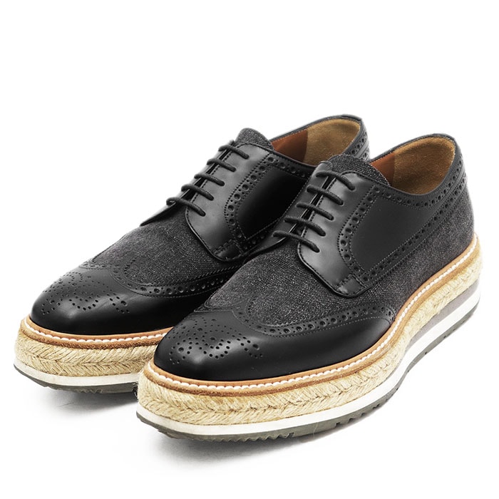 SALE【美品】PRADA プラダ ドレスシューズ レザー x デニム x ジュート メンズ 6 ダービー 外羽根式 エスパドリーユ スニーカー ウィングチップ 2EG015 カーフスキン コットン100% コンビネーション 靴 箱付 ブラック 黒 イタリア製