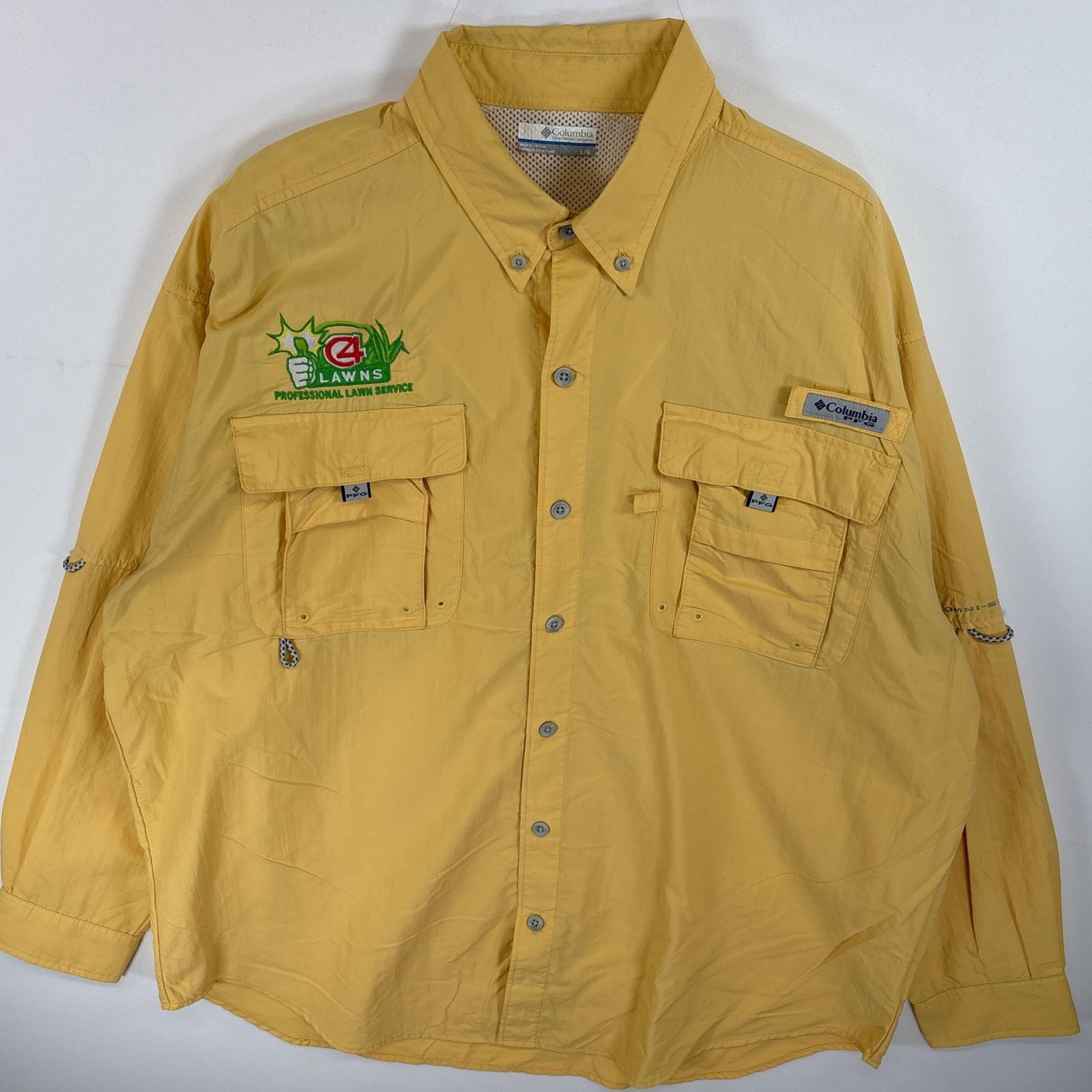 古着 コロンビア Columbia 長袖シャツ ボタンダウンシャツ フラップポケ PFG L  イエロー 無地 メンズ