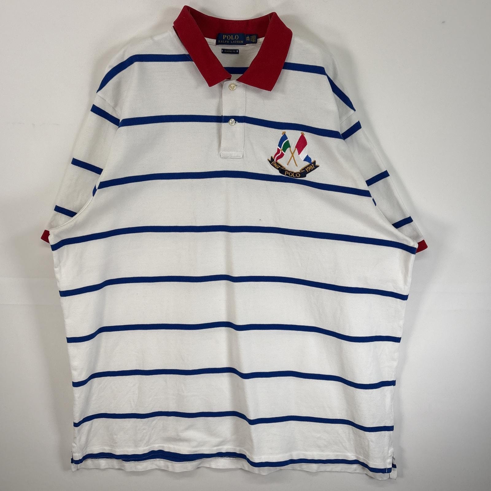 古着 ポロ・ラルフローレン POLO RALPH LAUREN 鹿の子 半袖 ポロシャツ ロゴ 刺繍 2ボタン 14041  ホワイト系 ボーダー メンズ