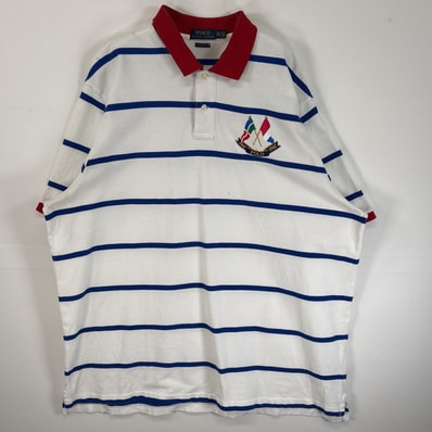 古着 ポロ・ラルフローレン POLO RALPH LAUREN 鹿の子 半袖 ポロシャツ ロゴ 刺繍 2ボタン 14041 ホワイト系 ボーダー メンズ