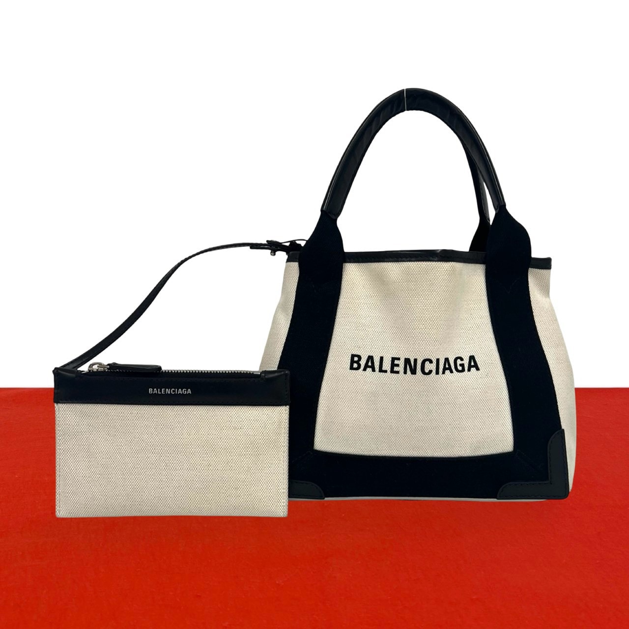 BALENCIAGA バレンシアガ ネイビーカバス XS ロゴ キャンバス レザー ハンドバッグ ブラック
 425-9
