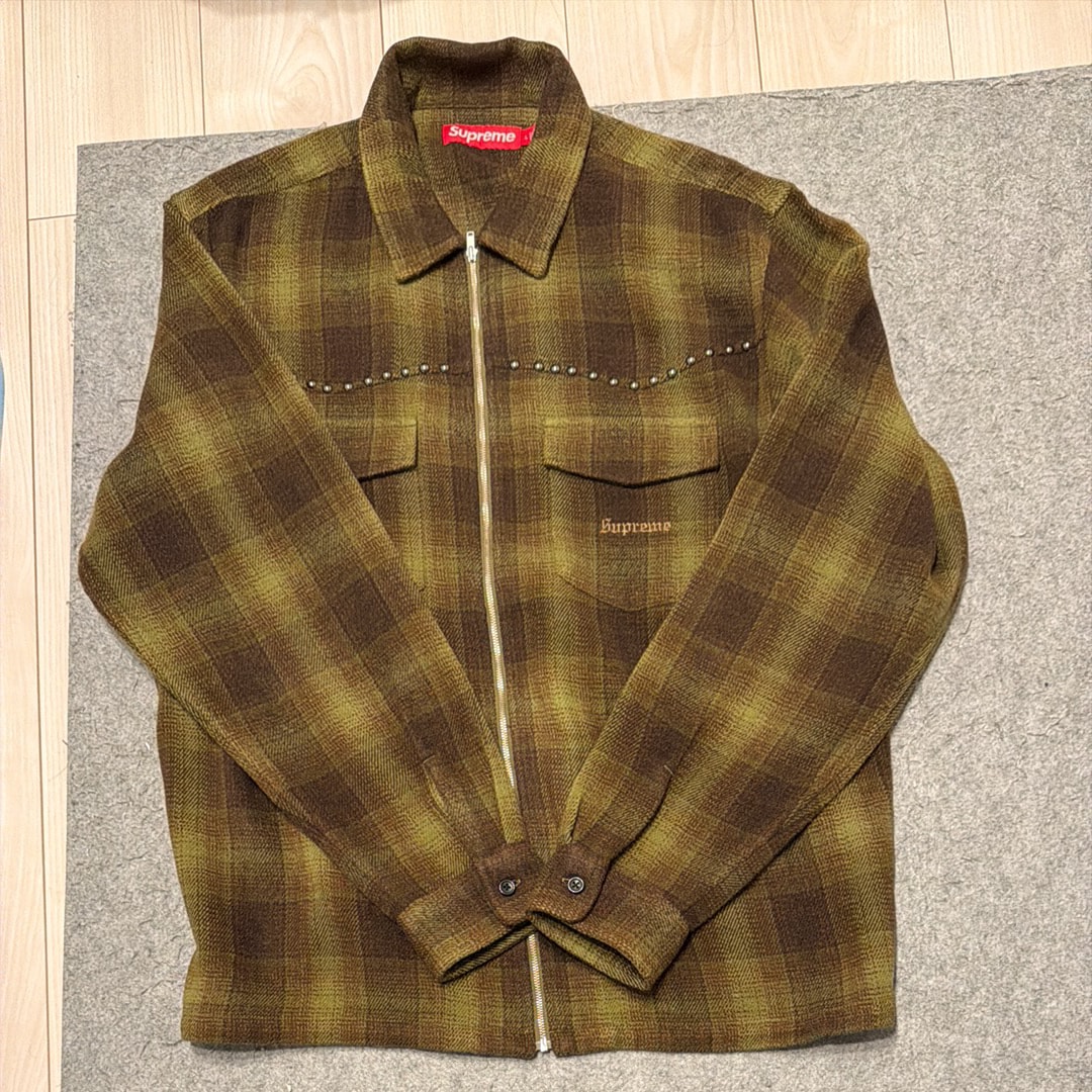 Supreme Studded Shadow Plaid Zip Up Shirt "Olive"