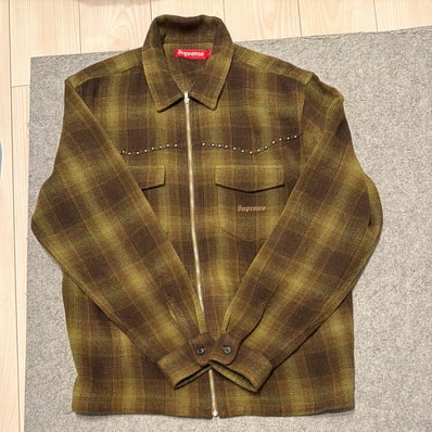 Supreme Studded Shadow Plaid Zip Up Shirt "Olive"