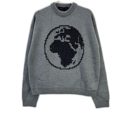 ルイヴィトン RM192 GVH HHN99W 19AW グレー ウール100 Embellished Globe Intarsia グローバルスタッズ バックロゴクルーネックニット M