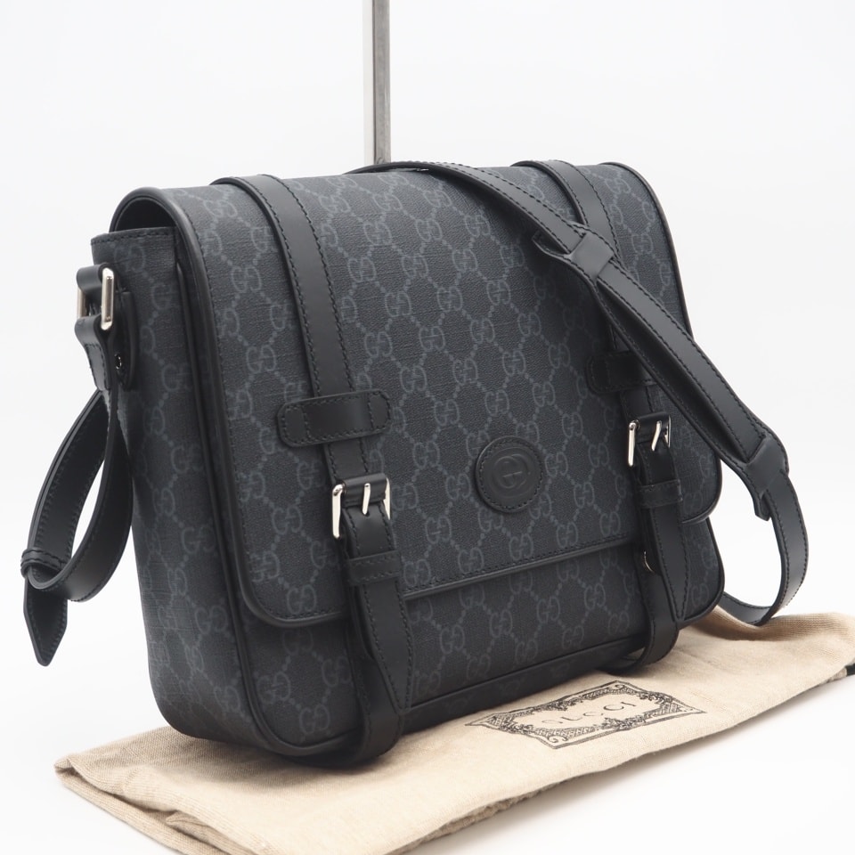 極美品 GUCCI グッチ GGスプリーム メッセンジャー バッグ 658542 ショルダーバッグ ブラック グレー コーティングキャンバス メンズ
