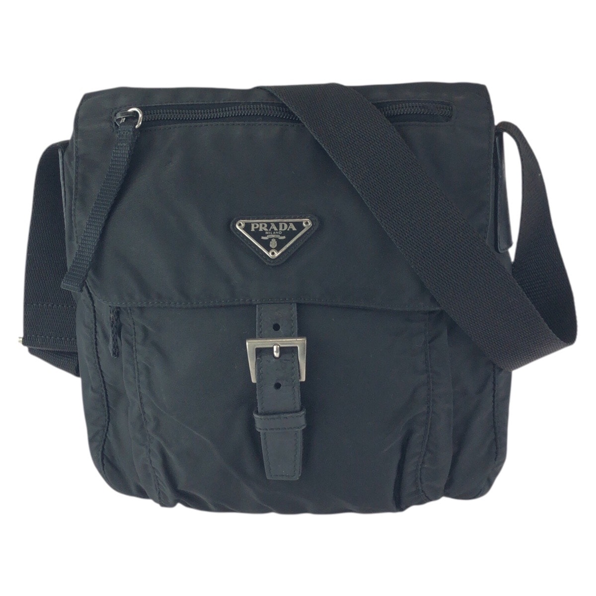 美品 PRADA プラダ テスート 三角ロゴプレート ブラック 黒 シルバー金具 ナイロン レザー/ ショルダーバッグ メッセンジャーバッグ 601003 【中古】