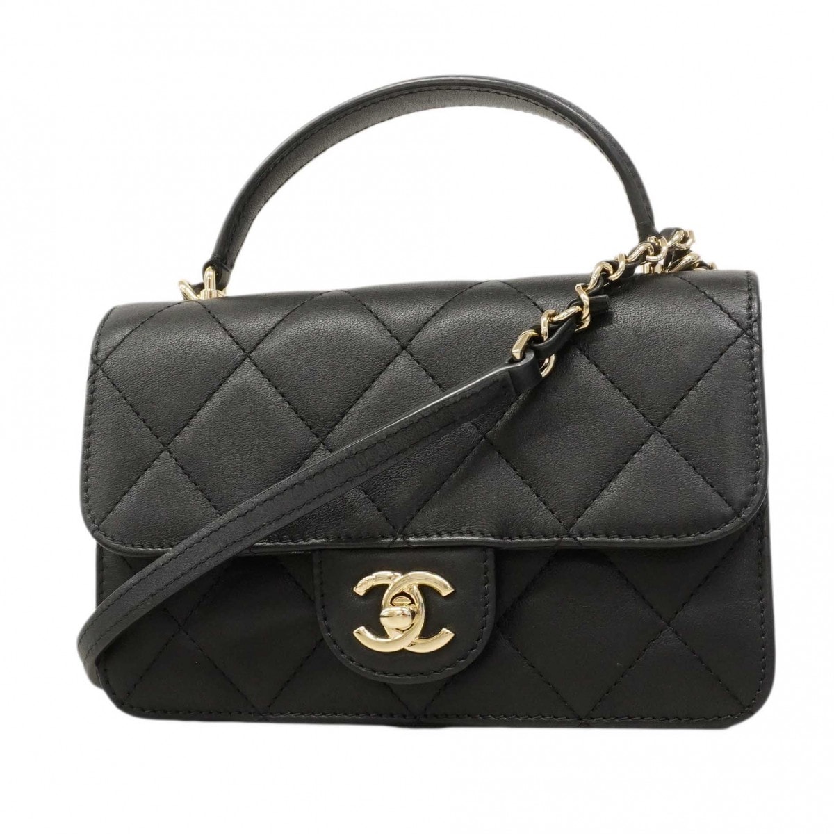 【6dd4369】シャネル ハンドバッグ マトラッセ チェーンショルダー ラムスキン ブラック シャンパンゴールド金具 2wayバッグ【中古】レディース