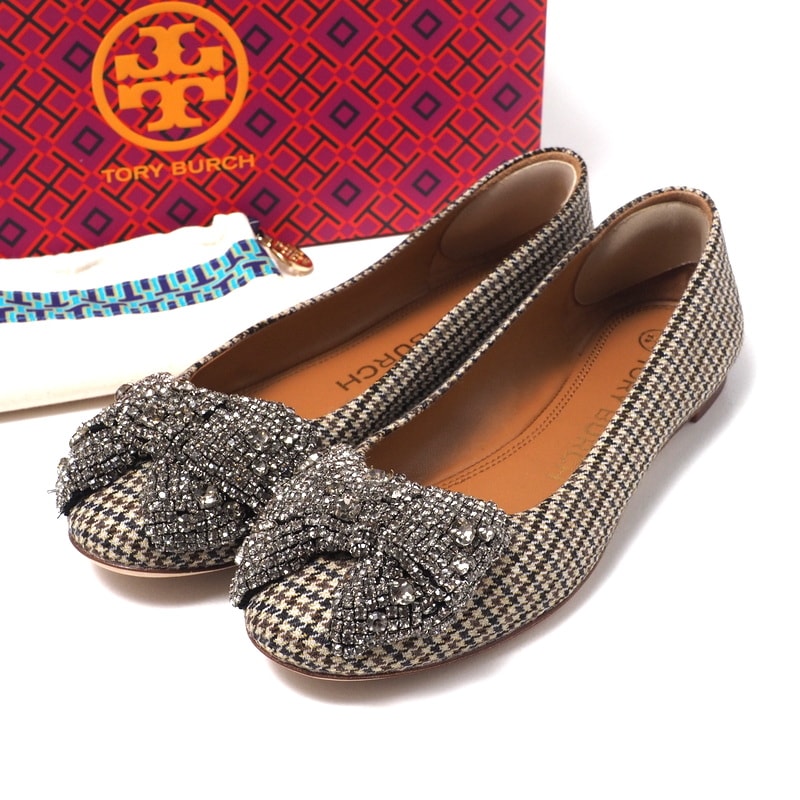 ■美品■Tory Burch トリーバーチ CRYSTAL BOW BALLET パンプス サイズ6M フラットシューズ バレエシューズ 靴 ツイード 千鳥格子 リボン ラインストーン ブランド古着【中古】20240715/RA0567