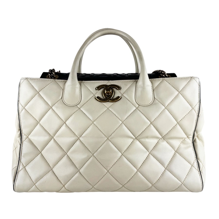 シャネル CHANEL ハンドバッグ ショルダーバッグ ポートベロ レザー オフホワイト/ブラック ゴールド レディース【中古】 z10488