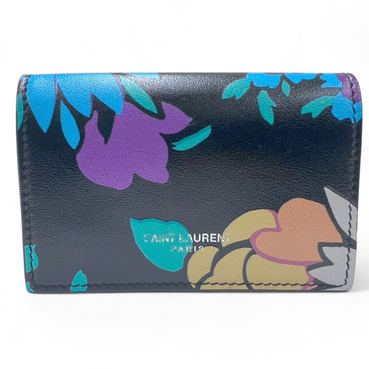 SAINT LAURENT 希少 極美品 サンローラン オリガミ タイニーウォレット 三つ折り財布 678272 レザー ブラック マルチカラー 花柄 フラワー コンパクトウォレット ミニ イヴサンローラン YSL Aランク 中古 鑑定済 サンローラン財布