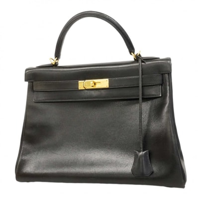 【6dc3788-h】エルメス ハンドバッグ ケリー32 ボックスカーフ ブラック ゴールド金具 □E刻印【中古】レディース