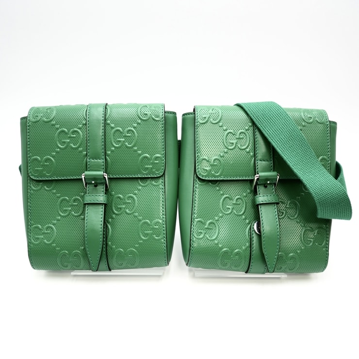 GUCCI(グッチ)GGエンボス ダブルポーチバッグ ウエストバッグ ボディバッグ グリーン レザー シルバー金具 631339 525040 メンズ【中古】