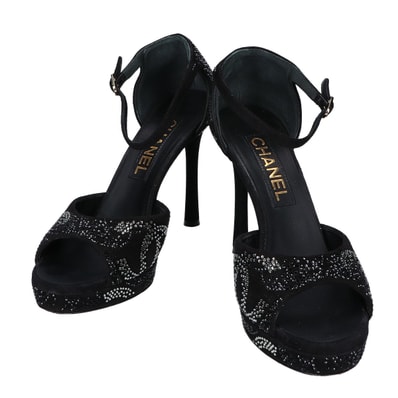 シャネル 【美品】スエードレザー ココマークラインストーン ヒールサンダル 37C