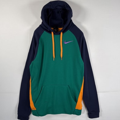 古着 ナイキ NIKE パーカー ドライフィット ワンポイントロゴ刺繍 ラグランタイプ S イエロー ネイビー グリーン マルチカラー メンズ