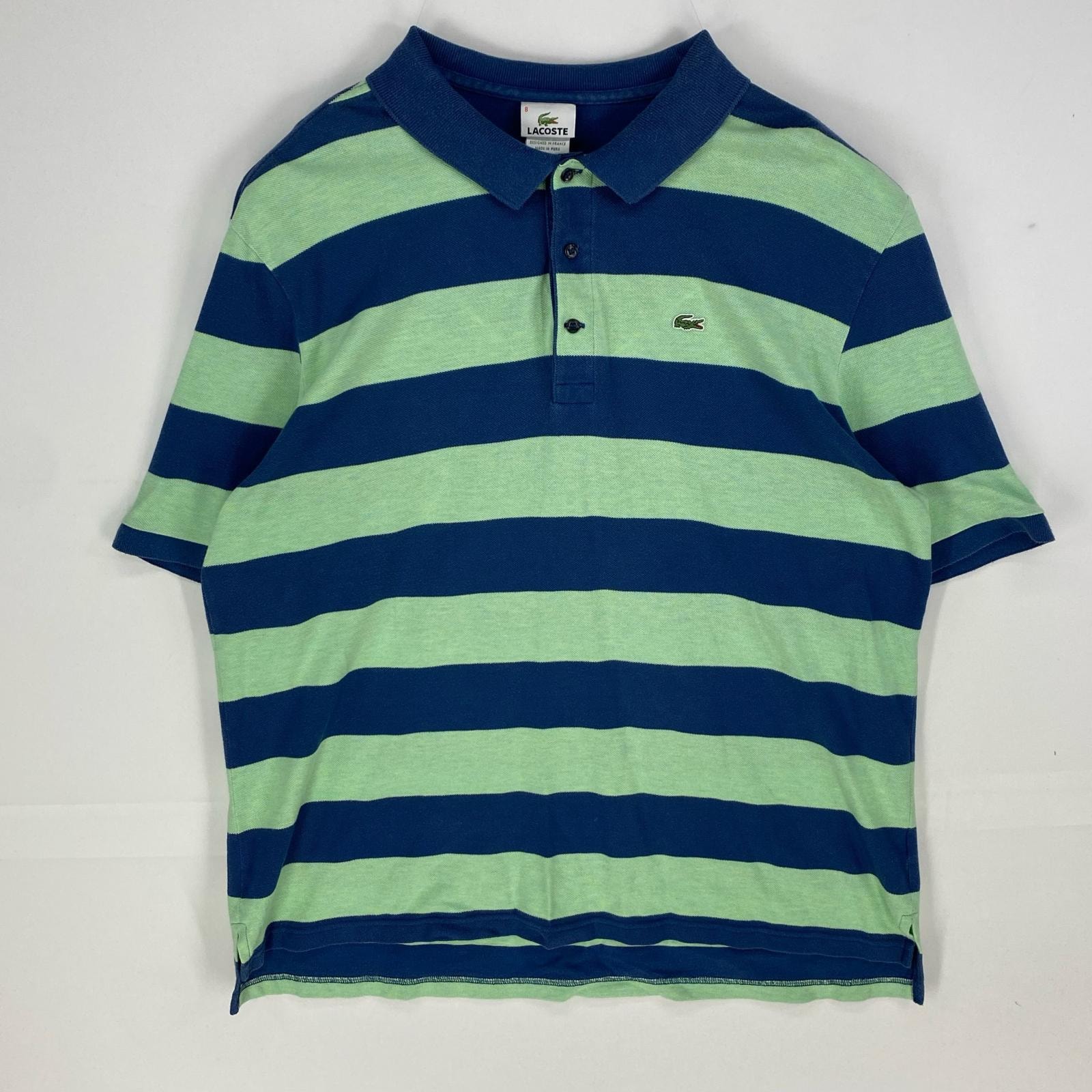 古着 ラコステ LACOSTE 鹿の子 半袖シャツ ワンポイントロゴ ポロシャツ ショートスリーブ 3XL  ブルー系 ボーダー メンズ