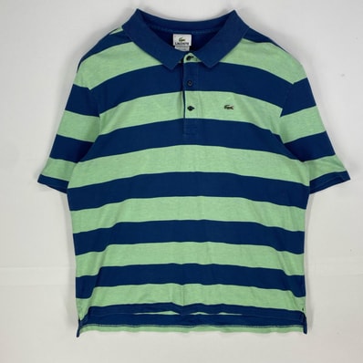 古着 ラコステ LACOSTE 鹿の子 半袖シャツ ワンポイントロゴ ポロシャツ ショートスリーブ 3XL ブルー系 ボーダー メンズ