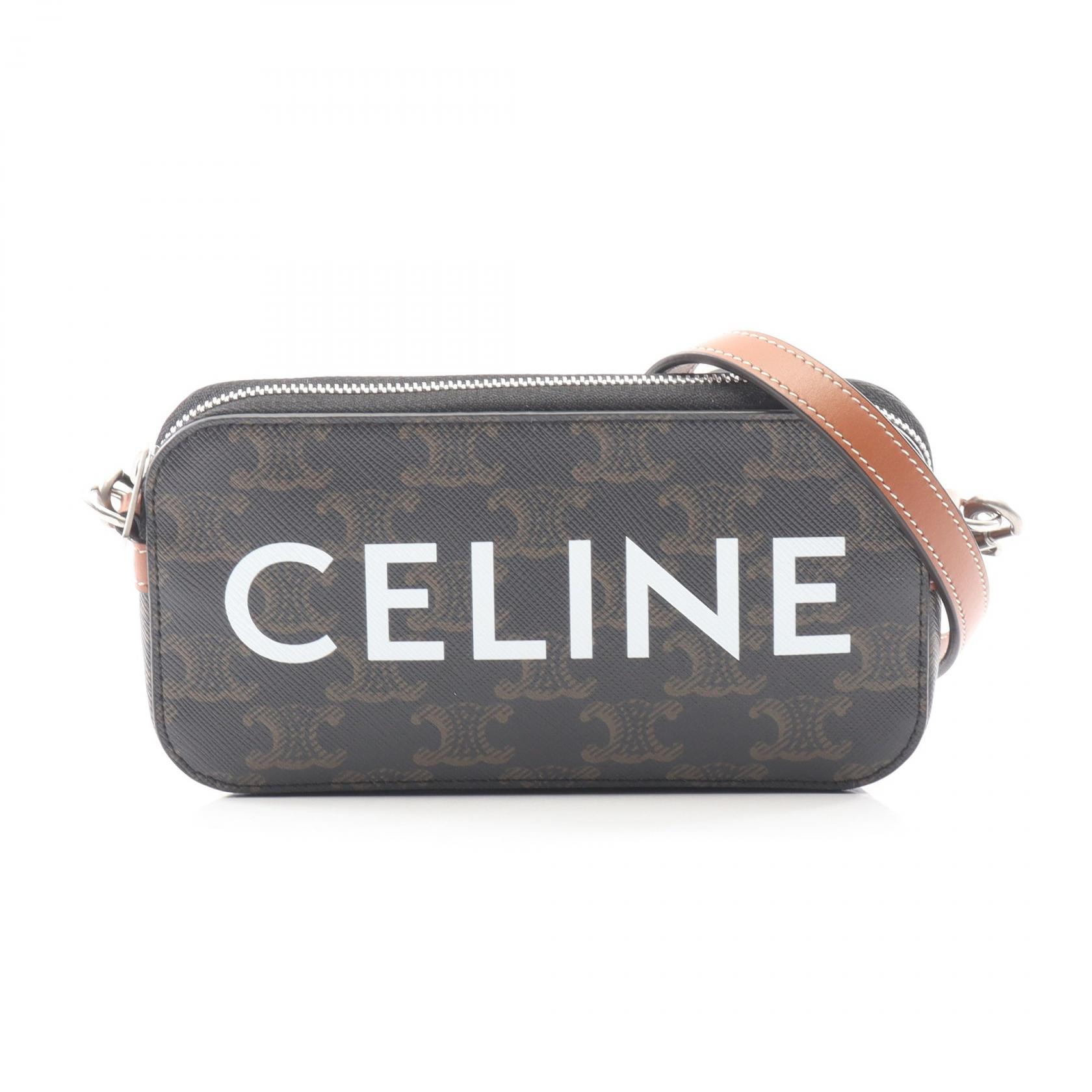 セリーヌ CELINE トリオンフ ホリゾンタル ポーチ ショルダーバッグ バッグ PVCコーティングキャンバス レザー レディース ブラック系 / ブラウン系 10L272DM5 【中古】