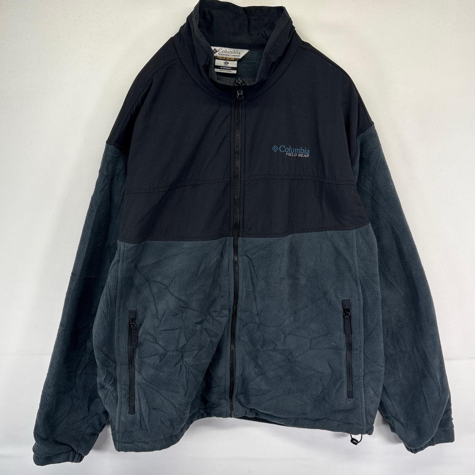 古着 コロンビア Columbia フリース ジャケット フルジップ ワンポイント刺繍ロゴ ナイロン切替 2XL  ブラック系 メンズ