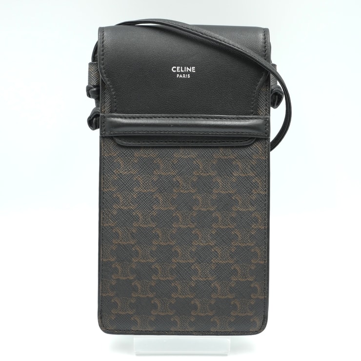 CELINE(セリーヌ)トリオンフ フォンポーチ ヴィンテージ ショルダーバッグ スマホポーチ PVC レザー ブラック ブラウン レディース 【中古】