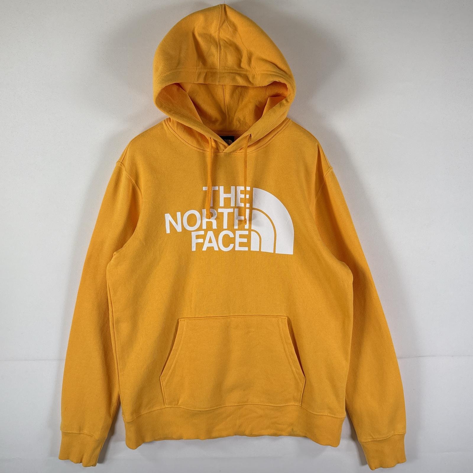 古着 ザ・ノースフェイス THE NORTH FACE パーカー フーディ ビッグロゴプリント プルオーバー アウトドア M イエロー メンズ
